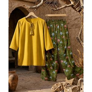 Ensemble coordonné respirant Muzang Bohème Printemps/Été 2 pièces (Manches trois quarts en coton et fibre de bambou) - Product Image 1