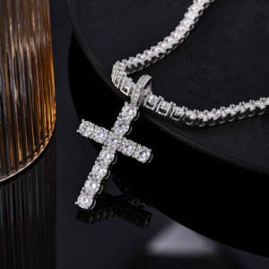 Hip Hop Style 925 <b>Sterling</b> <b>Silver</b> Gold Plated Round Brilliant Cut Diamond Tennis Chain <b>Cross</b> Pendant Men's Necklace - Product Image 4