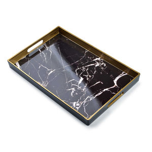 Plateau de service en marbre rond de nouvelle conception pour restaurant hôtel et maison plateau de service couleur dorée et noire plateaux de service fournitures - Product Image 1