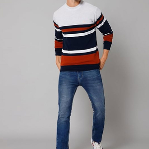 Block Stripe Knit Jumper Azul marino Naranja Blanco Casual Streetwear Pullover Calidad superior Hecho Suéteres de manga larga para hombres - Product Image 5
