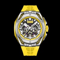 Montre unisexe automatique mécanique BX3613 avec boîtier en acier inoxydable, bracelet FKM, cadran analogique jaune, style business de luxe, cristal