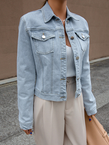 Custom Women's Denim <b>Jacket</b> Fashion Casual Outerwear Blue Button Design Cotton Filling Embroidery OEM Finished Product - Product Image 3