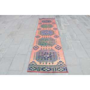 Turkish Vintage <b>Runner</b> Rug 2.7x10.4 ft, <b>Red</b> Blue Bordered Wool Rug - Product Image 1