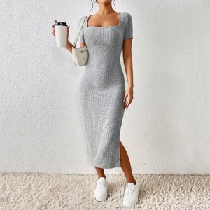 Summer Women Dress Skinny <b>Square</b> Neck Split Hem Knitted Elastic Midi Dress Solid Color Mid-calf Length Short Sleeves Lady Dress - Product Image 2