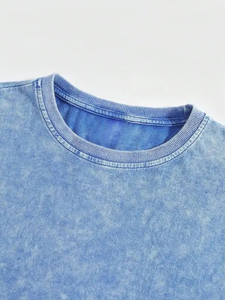 Personnalisé 100% Coton Hommes T-Shirts Lavé Bleu Surdimensionné Vintage Casual Tee 3D Broderie Streetwear 300gsm Style Lourd - Product Image 5