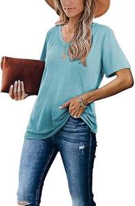 T-shirt décontracté à manches courtes et col en V pour femmes, couleur unie, broderie imprimée, logo en toile polyester - Product Image 4