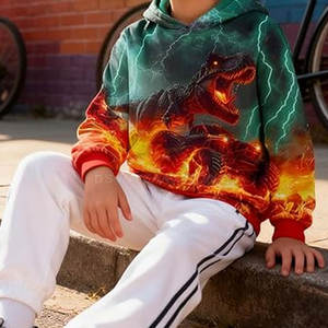 Sweat à capuche chaud imprimé en 3D pour enfants Sweat-shirt doublé en peluche douce avec poche avant confortable et confortable Thunder Dino Flame - Product Image 3