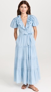 เดรสยาวผ้าเรยอนสำหรับผู้หญิง100% ลำลองแขนสั้นทรงหลวมคอแต่งระบายหรูหราโบฮีเมียนท้องฟ้าสีฟ้า - Product Image 5