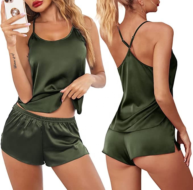 Women's Sleepwear Sexy Lace Satin Pajama Sets Nightwear Sleeveless Tops+Shorts 2 pieces Sets Pajama Sets F