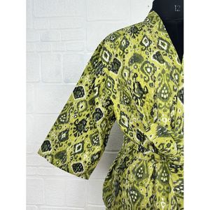 Kimono long réversible Kantha Pur pour femme, veste vert pastel, motif singe, en coton, paréo de plage - Product Image 3