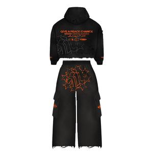 Ensemble de sweat à capuche zippé brodé unisexe vintage en détresse personnalisé poids lourd écologique coupe-vent lavé à l'acide strass - Product Image 2