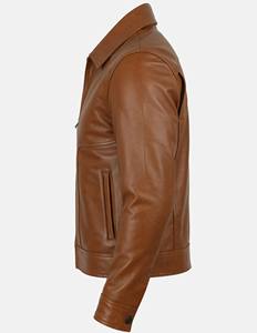 Veste de camionneur en cuir marron clair pour homme, en peau de mouton, col montant, fermeture éclair, style vintage, coupe ajustée, décontractée, automne-hiver, États-Unis - Product Image 3