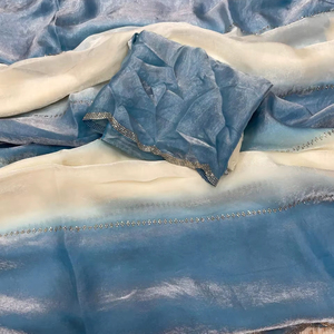 Sky Blue Color Satin <b>Fabric</b> Beautiful Zarkhan Work Sari Latest Exclusive Ethnic Bridal Wedding Wear Stunning Bollywood Trendy - Product Image 1