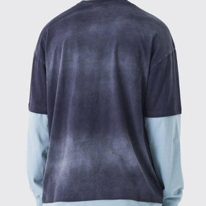 T-shirt pour homme en coton uni de longueur standard, tendance, col rond, manches doubles, délavé à l'acide, en vente - Product Image 5