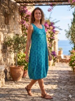 Robe midi sans manches à imprimé géométrique turquoise, coupe ample, col en U, tissée, décontractée, douce, estivale, écologique, respirante, taille naturelle
