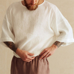 Camiseta de hombre de verano con logotipo personalizado de cuello redondo de media manga transpirable de lona sólida de alta calidad - Product Image 5