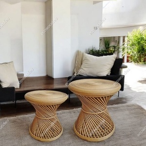 Bone Inlay Bamboo <b>Stool</b> Handwoven Traditional Eco-friendly Pouffe for Bedroom Living Area School and Ottoman Set 2 - Product Image 4