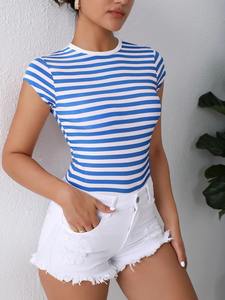 Logo personnalisé T-shirts pour femmes à manches courtes style rayé T-shirts en coton de haute qualité en gros - Product Image 6