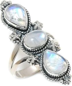 Anillo de Piedra Lunar Arcoíris, Chapado en Rodio, Plata de Ley 925, Hecho a Mano, Natural, con Incrustaciones de Fuego Azul, Anillo de Compromiso Moderno - Product Image 1