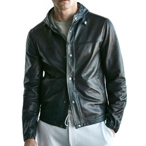 Vestes d'hiver pour hommes en cuir véritable noir style motard classique avec capuche - Product Image 6