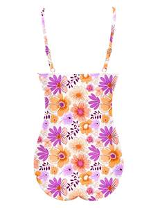 Maillot de bain une pièce blanc pour femme avec imprimé floral orange et violet, devant froncé et bretelles réglables, maillot de bain de course pour la plage - Product Image 3