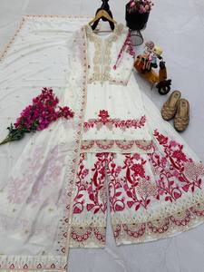 Trajes elegantes Vichitra de seda estilo Bollywood Sharara con bordado tradicional para fiestas de boda - Product Image 5