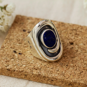 Bague de mariage bohème en argent sterling 925 Design unique Bague de déclaration de forme ovale faite à la main Lapis Lazuli naturel Cadeau à la mode - Product Image 2