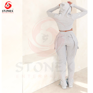 Ropa de mujer con logotipo personalizado, conjunto corto de 2 piezas con capucha y pantalones largos acampanados, estilo informal de lona para invierno, estampado de patrón sólido - Product Image 6
