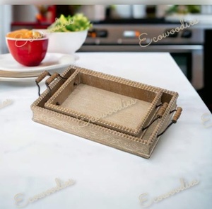 Designer Wooden Carved Ottoman Tray for Coffee Tea Drinks Serving Rustic Wooden Serving Trays With Handle for Kitchen - Product Image 4