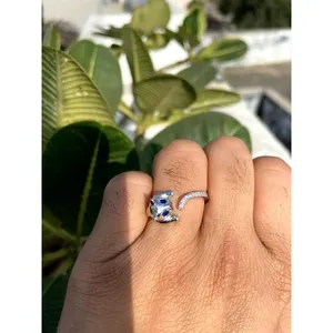 925 Silver Fine Jewelry <b>Cat</b> Ring with Blue Sapphire Trendy Gemstone Ring Resizable Plated Brass Great <b>Gift</b> Idea - Product Image 3