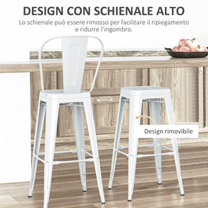 HOMCOM Lot de 2 tabourets de bar empilables en métal avec dossier amovible et repose-pieds, blanc - Product Image 4