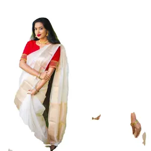 Đẹp Bengal Phong Cách Bông Lụa Màu Trắng Và Màu Đỏ Contra Màu Thiết Kế Saree Cho Durga Pooja