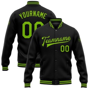Vente en gros dans l'industrie directe, blouson décontracté pour l'hiver noir et vert fluo personnalisé, veste Letterman universitaire à snap intégral - Product Image 1