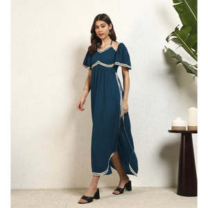 Deebaco Women's Navy Blue Off-Shoulder Maxi <b>Dress</b> With Contrast Binding Loose Boho Style Chiffon Summer Casual One Piece <b>Dress</b> - Product Image 3
