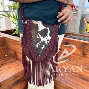 Hot Selling Western Real Hair on Suede Leather Bohemian Fringe Crossbody Bags for Women Custom Genuine Leather Hand Stitch Purse - Product Image 1