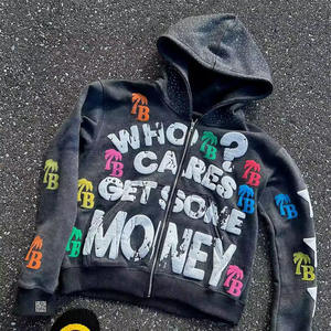 Sudadera con capucha de diamantes de imitación personalizada, sudadera recortada con cremallera, sudaderas con capucha lavadas de algodón 100% con estampado de pantalla para hombres 2025 - Product Image 2