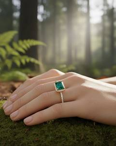 Bague en émeraude de culture, argent sterling 925, pierre d'accentuation blanche AD, bijoux pour femmes, bague en émeraude en argent sterling 925, pierre précieuse en argent - Product Image 3