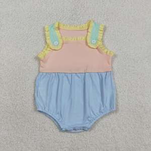 Baby Girls Color Block <b>Bubble</b> Romper Flutter Sleeve Peach <b>Top</b> Mint Bottom Yellow Bow Side Snap Crotch Infant Summer Soft Onesie - Product Image 2