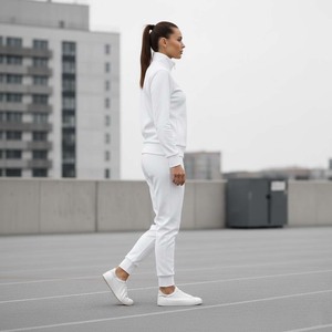 Ensemble de survêtement pour femme 2 pièces, style sport chic, avec short à genoux, blanc, sweat-shirt à demi-zip, col montant, poche kangourou zippée - Product Image 3