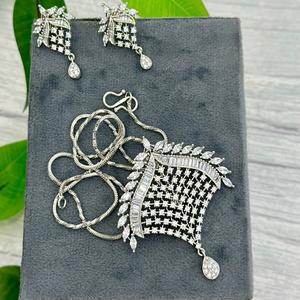 Elegant <b>Silver</b> Finish Premium Quality CZ Stones Look Pendent Chain <b>Set</b> with <b>Earrings</b> With for Parties Wear Collection For Women - Product Image 1