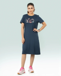 Personalizado de las mujeres de algodón acanalado elastano cuello redondo suelto largo Casual Logo de talla grande camiseta vestido BD - Product Image 6