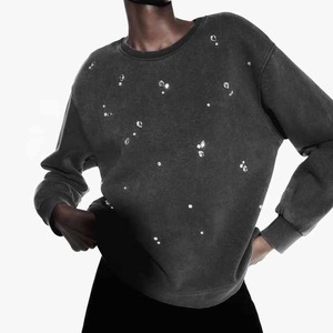 Sweat-shirt en molleton doublé thermique de haute qualité pour femme, à manches longues et col rond, avec imprimé perles sur le devant, idéal automne/hiver - Product Image 1