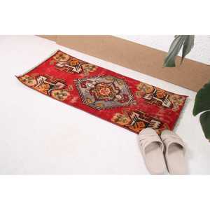 Turkish Rug, 1.4x3 ft Small Rug, <b>Red</b> Orange <b>Wool</b> Rug - Product Image 1