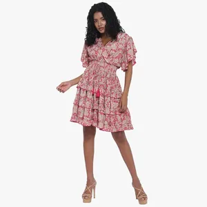 Lady Elegant Fashion Women's Clothing Short Sleeve Female Summer Oem Flower Casual Mini Dress With Ruffle Hem at Wholesale Price