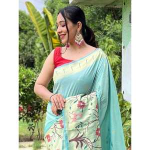 Sari de Seda Paithani con Trabajo de Zari Tejido en Color Cian Contemporáneo con Blusa, Listo para Usar en Bodas - Product Image 2