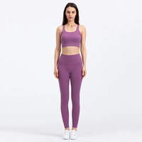 Pakaian Olahraga Wanita Gym Fitness Set 2 Potong Warna Solid Logo Depan Pinggang Elastis Pinggang Tinggi Bernapas Anti-Bakteri