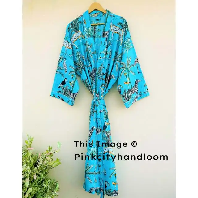 Kimono de Bikini con estampado de bloque de mano para fiesta en la piscina para mujer, Kimonos hechos a mano para cubrir la playa, batas, Kimonos de algodón Natural 100%