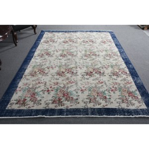 Alfombra de lana turca Vintage clásica Beige azul 6ft8in X 10ft1in alfombra de área hecha a mano diseño de retazos felpa pila altura respaldo de látex - Product Image 5