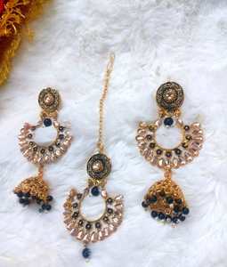 Último indio Kundan ChandBali pendientes y Maang Teeka conjuntos gota borla Jhumkas y Maang Teeka joyería nupcial hecha a mano para mujer - Product Image 5