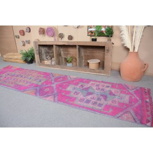 Tapis turc vintage 28 'X 10.7' écologique, tapis en laine à tissage plat rose et violet, support en Latex pour décor de salle à manger - Product Image 4